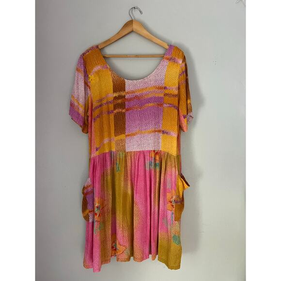 Vintage Jams World Abstract Floral Patchwork Dress Size XL Hawaiian Boho Hippie - Picture 2 of 10